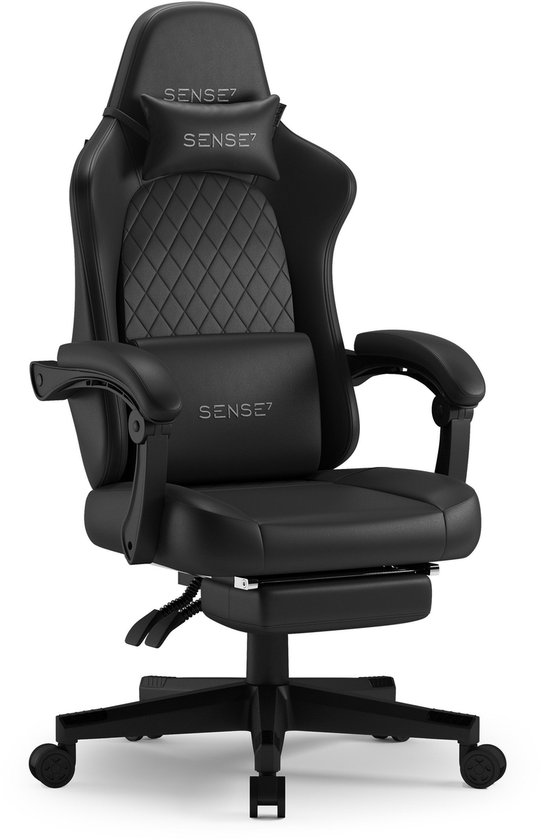 SENSE7 DEVON PU - Game Stoel - Gamestoel met Voetsteun - Ecologisch leer - Gaming Stoel - Ergonomische Bureaustoel - Zwart - 2 Afneembare Kussens - Zithoogte 44-55 cm - Voetensteun Inklapbare
