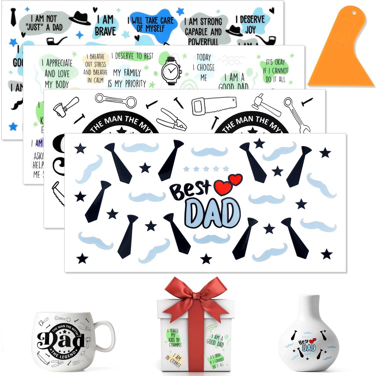 Transferstickers 4 vellen - Vaderdag designs met schraper - Waterdicht en veelzijdig voor decoratie