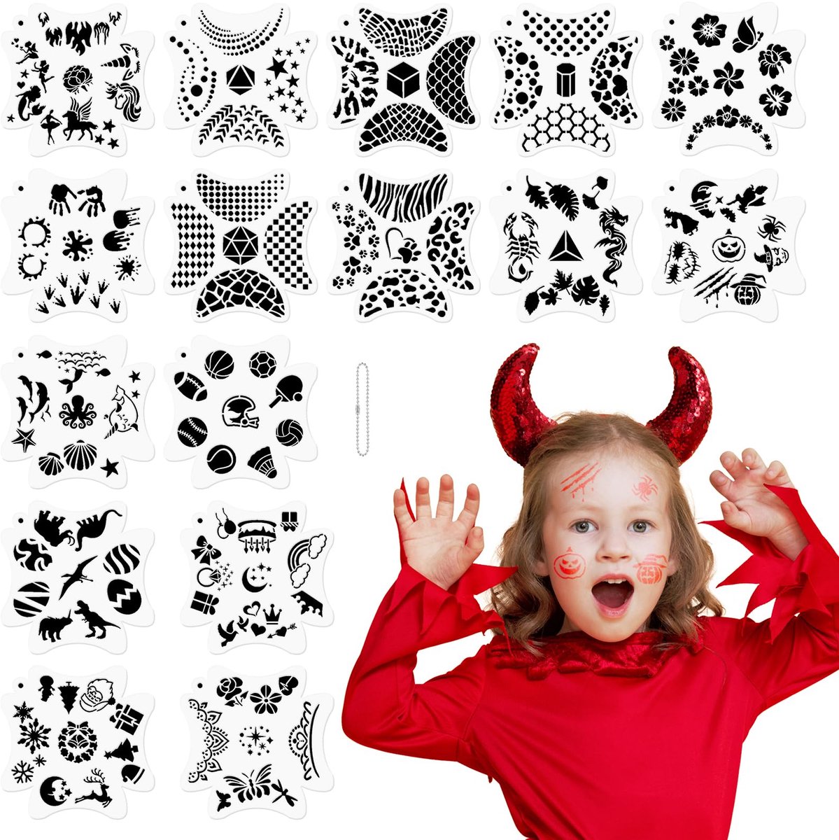 16 Gezichtsverfsjablonen - 18 cm - Herbruikbare Bodypainting Stencils voor Feesten en Halloween