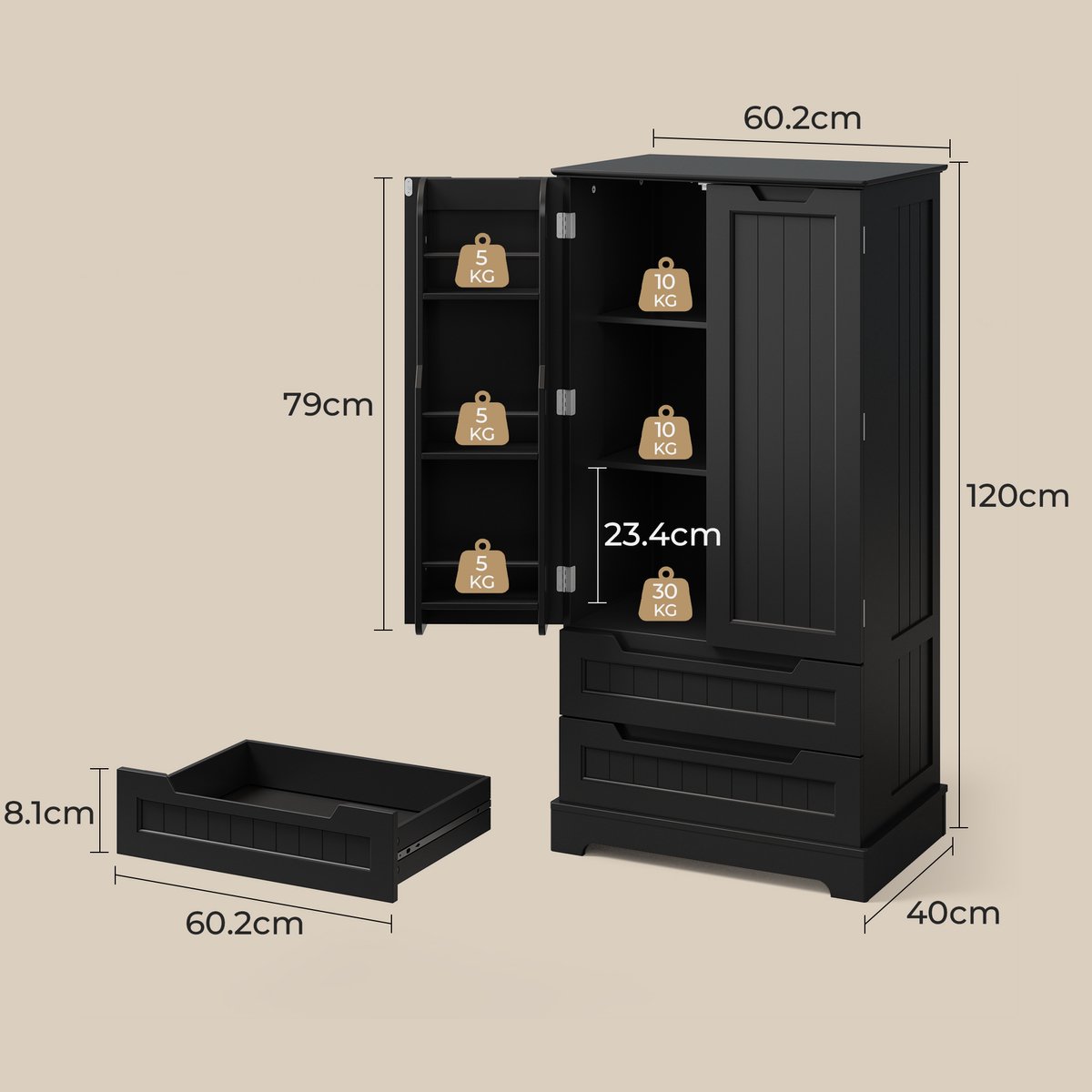 Xbro Keukenkast Vrijstaand – Met 2 Lades en 2 Deuren – Opbergkast – Voor Keuken, Eetkamer of Wasruimte – 40x60x120 cm – Zwart — cadeau in Cadeau-ideeën - foto 6