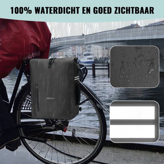 Zwarte, waterdichte Vebics fietstas rugzak op fiets, met reflecterende strepen, in regen.