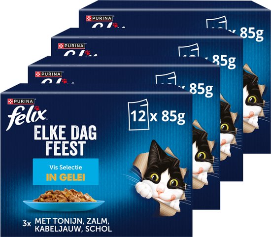 Felix Elke Dag Feest Vis Selectie in Gelei - Kattenvoer Natvoer - Tonijn Zalm Kabeljauw & Schol - 48 x 85 g