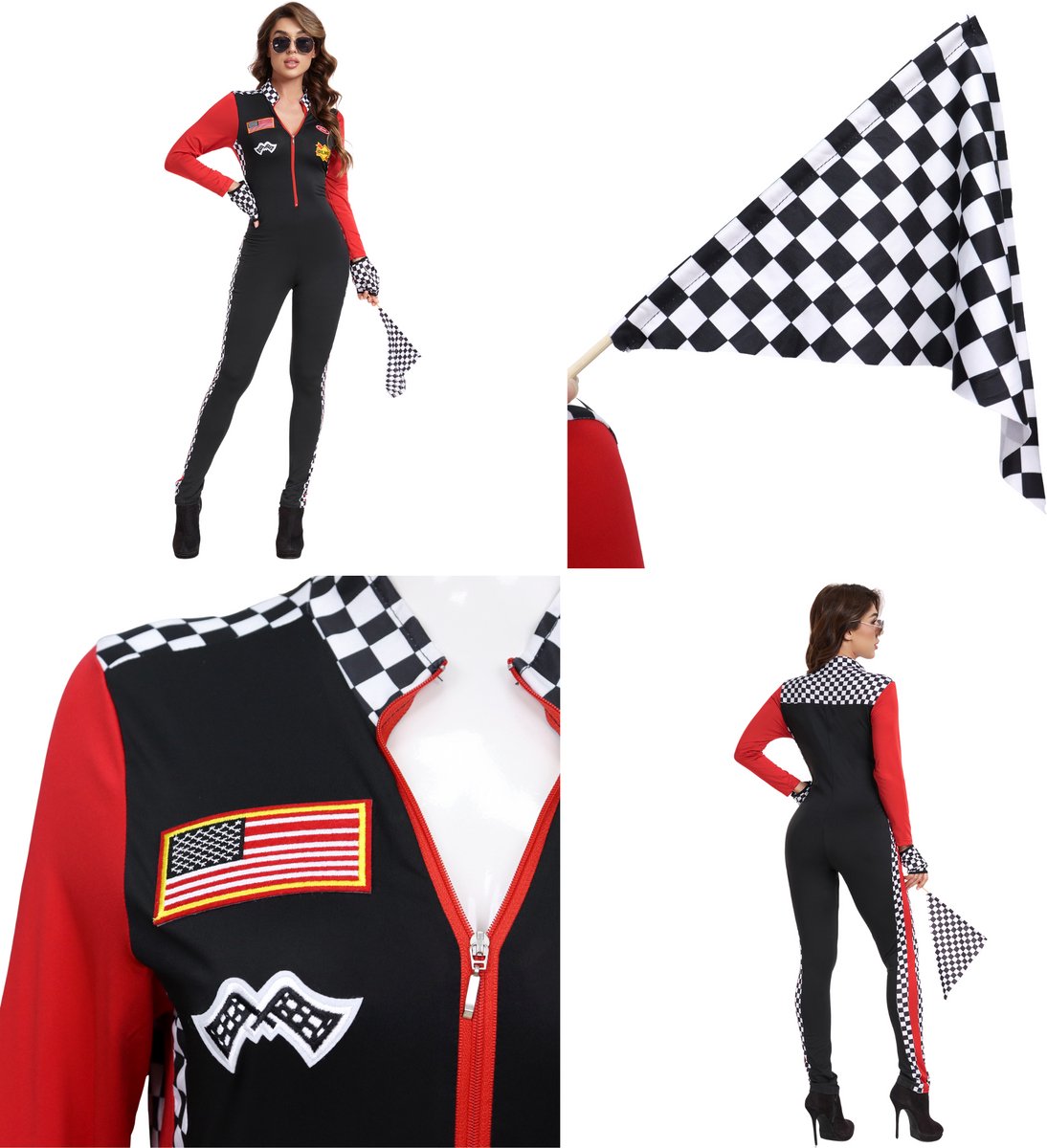 Joya Party® Verkleedpak Formule Sexy Pitspoes Vrouw Volwassenen | Racing Verkleed Pak | Circuit Race Jumpsuit met Handschoenen & Startvlag | Stretch Carnaval Halloween Racepak Outfit | — afbeelding 4