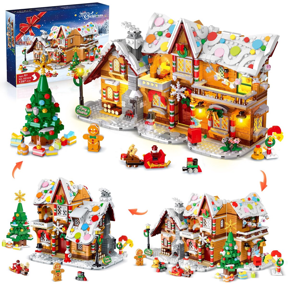 HOGOKIDS Kerst Peperkoekenhuis Bouw speelgoed - LED-licht 3 stijlmodi Bouwpakket - 1397 stuks Kerstman kerstboom Bouwpakketten Volwassenen kinderen vanaf 8 jaar