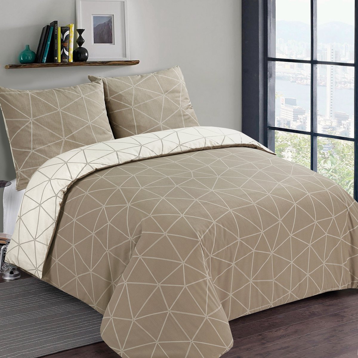 VISION Hugo Flanel - Tweezijdig omkeerbaar Dekbedovertrekset - 100% katoen flanel: warm en zacht - Tweepersoons - Dekbedovertrek 200 x 200 cm met 2 bijhorende slopen - Beige - Oekotex gecertificeerd