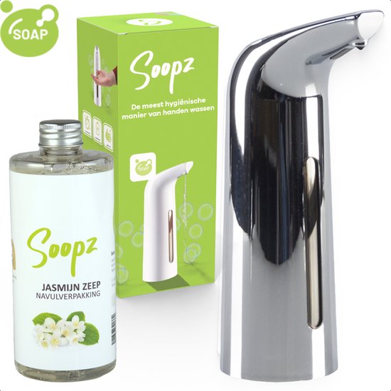 Soopz automatische zeepdispenser (zilver) naast navulzeep met jasmijnbloemen en verpakking.
