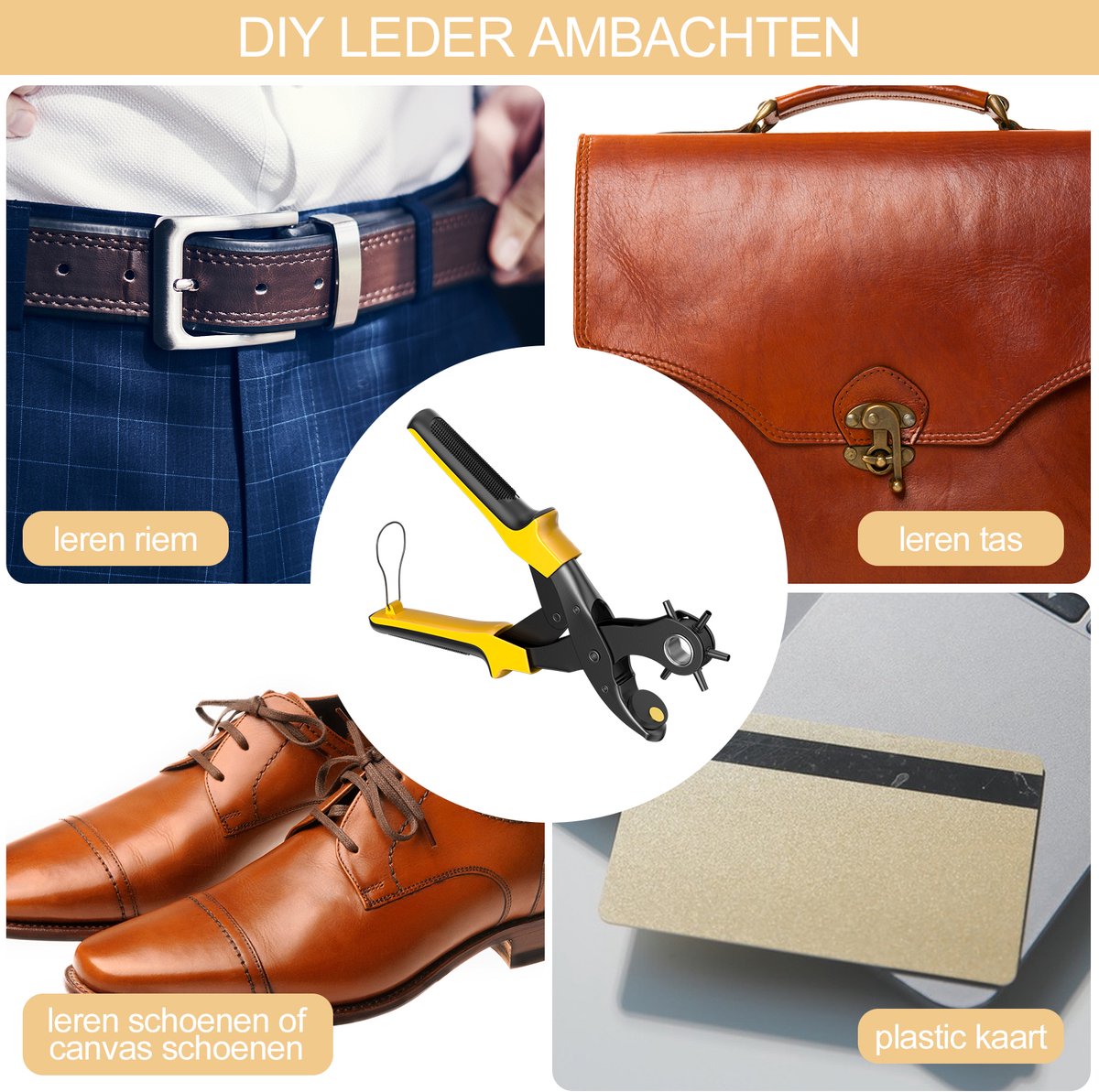 Lochtang voor lederen riem, riemgaatjestang met 6 maten 2-4,5 mm