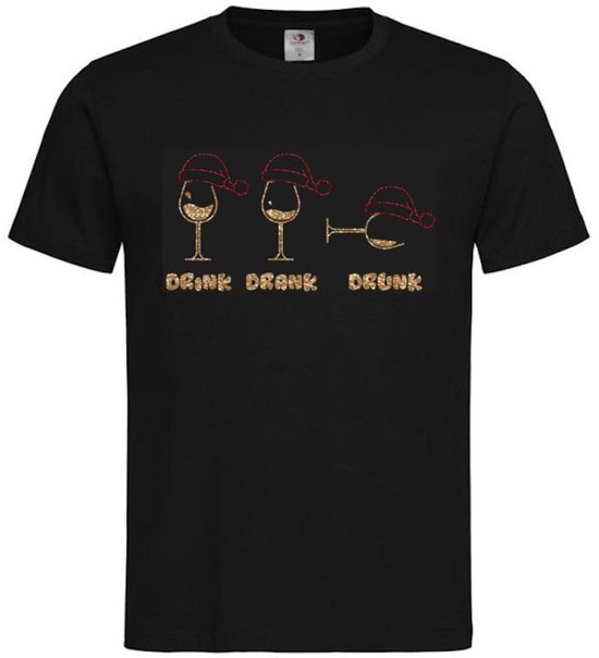 T-shirt unisexe Adultes avec Vin humoristique « Drink Boisson Drunk (édition Noël ) » | manche courte | Paillettes Zwart/dorées/rouges | taille L.