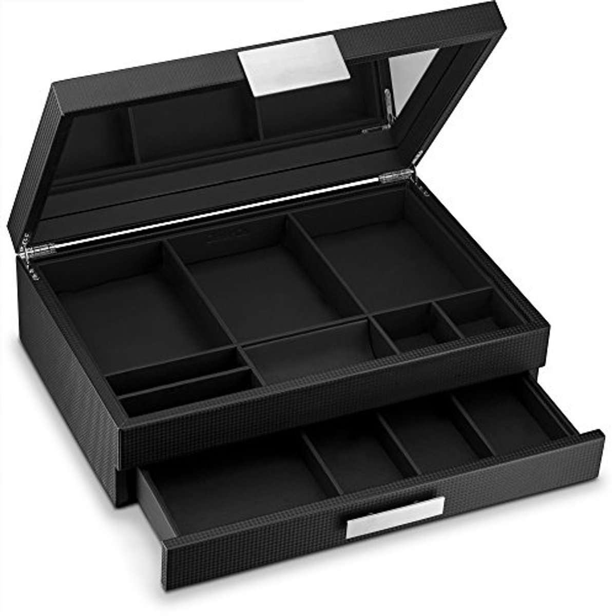 Heren Valet-Dresser Organizer - Luxe 12 Slot Sieraden Accessoires Doos met Grote Spiegel en Metalen Gesp - Perfect voor Horloges, Zonnebrillen en Portemonnees