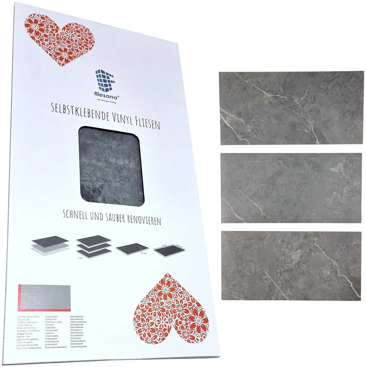 Fliesana - Zelfklevende wand- en vloertegels - set van 3 - waterbestendig, natuursteendessin - donkergrijze kleur