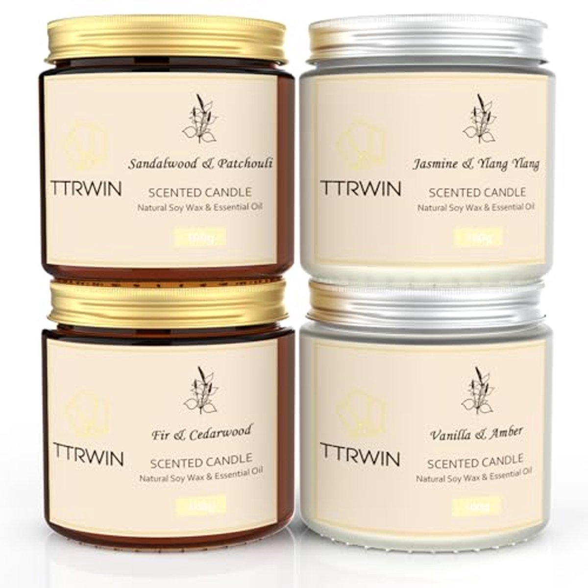 Set van 4 geurkaarsen in glas - Jasmijn, Ylang Ylang, Sandelhout, Patchouli, Den en Cederhout, Vanille en Amber - Perfect cadeau voor elke gelegenheid