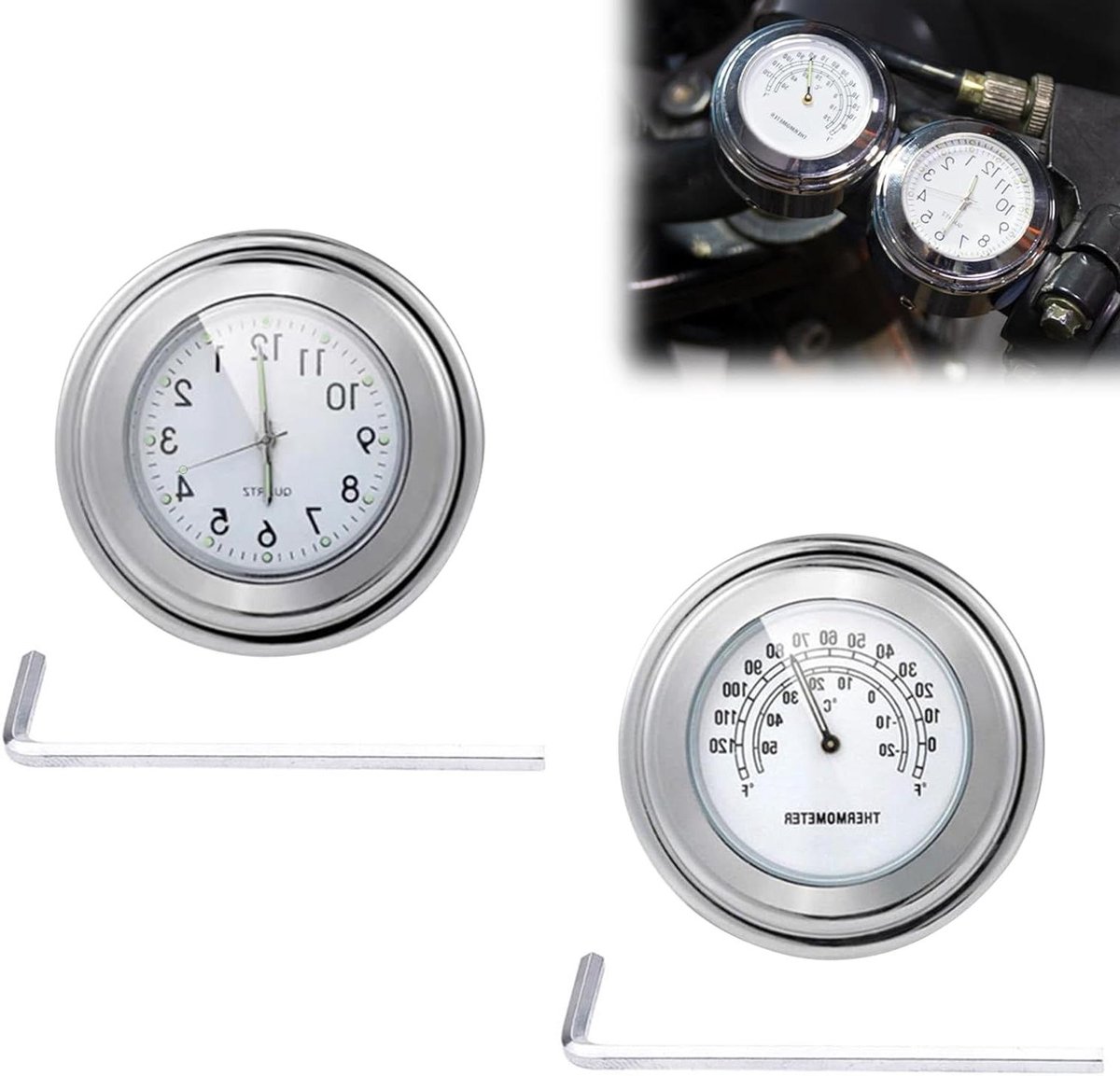 2 stuks universele motorstuurhouder met horloge en thermometer, waterdicht, 22-25,4 mm, geschikt voor de meeste motorfietsen.