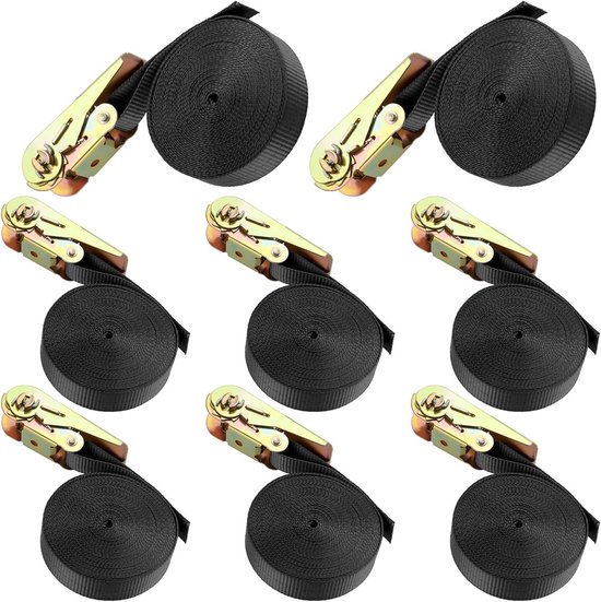 4 stuks automatische sjorbanden, spanbanden met punthaken 5,0 m x 25 mm, 350/700 daN
