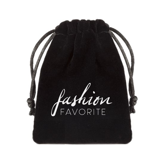 Zwart fluwelen zakje met witte tekst 'fashion FAVORITE'.