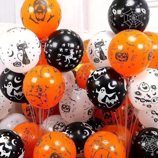Set de Ballons d'Halloween K&R Ventures® – 20 Ballons en latex de 30 cm – Zwart, Oranje et Wit – Avec des motifs effrayants – Perfect pour une Fête et une Décoration d'Halloween – Ensemble de ballons pour une utilisation intérieure et extérieure