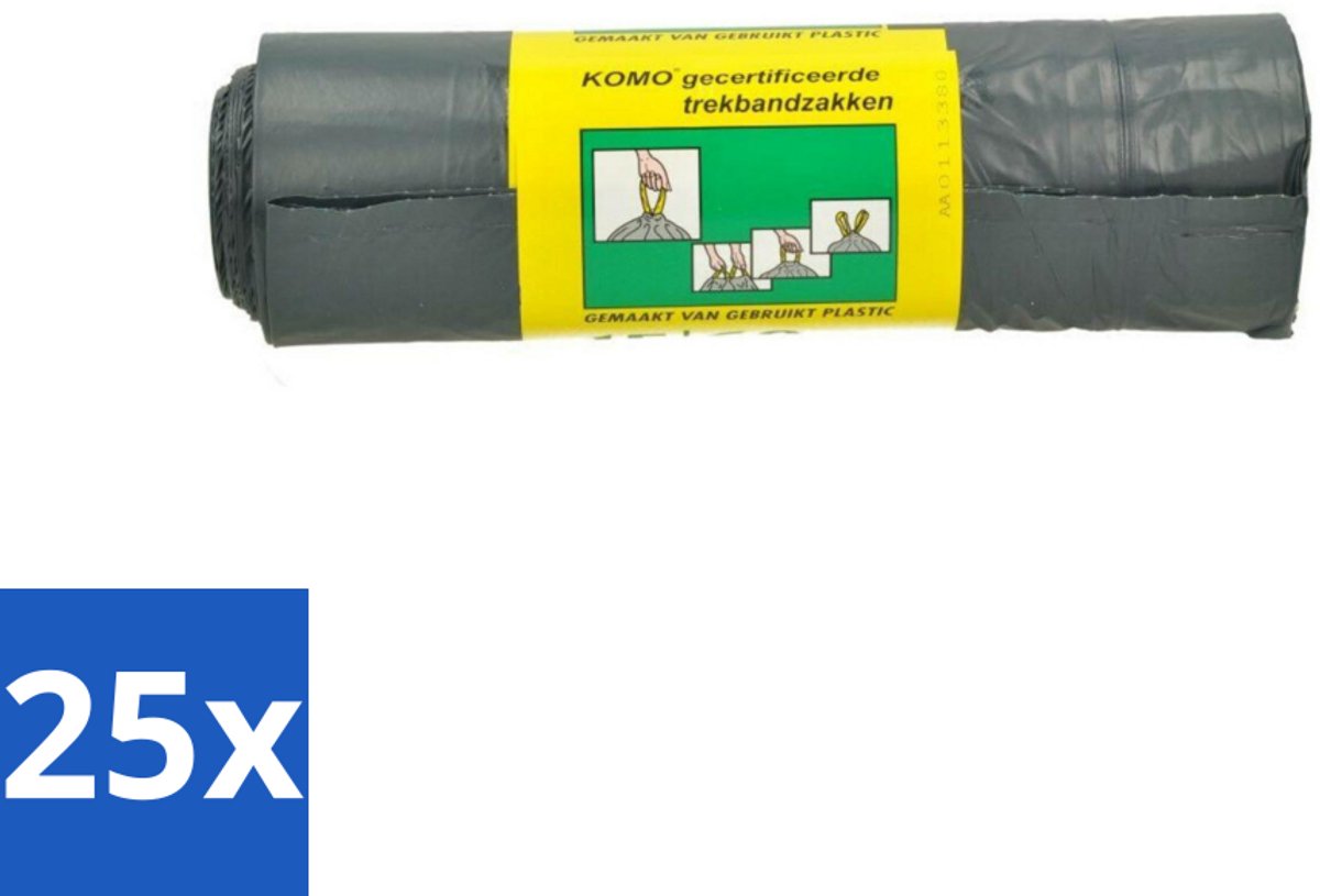 25 x Komo Vuilniszakken Trekband 60L 15 stuks per verpakking - Afvalzak 60 L - Trekband Vuilniszak - Vuilniszak 60 L - Vuilniszak Met Trekband - Vuilniszak LDPE