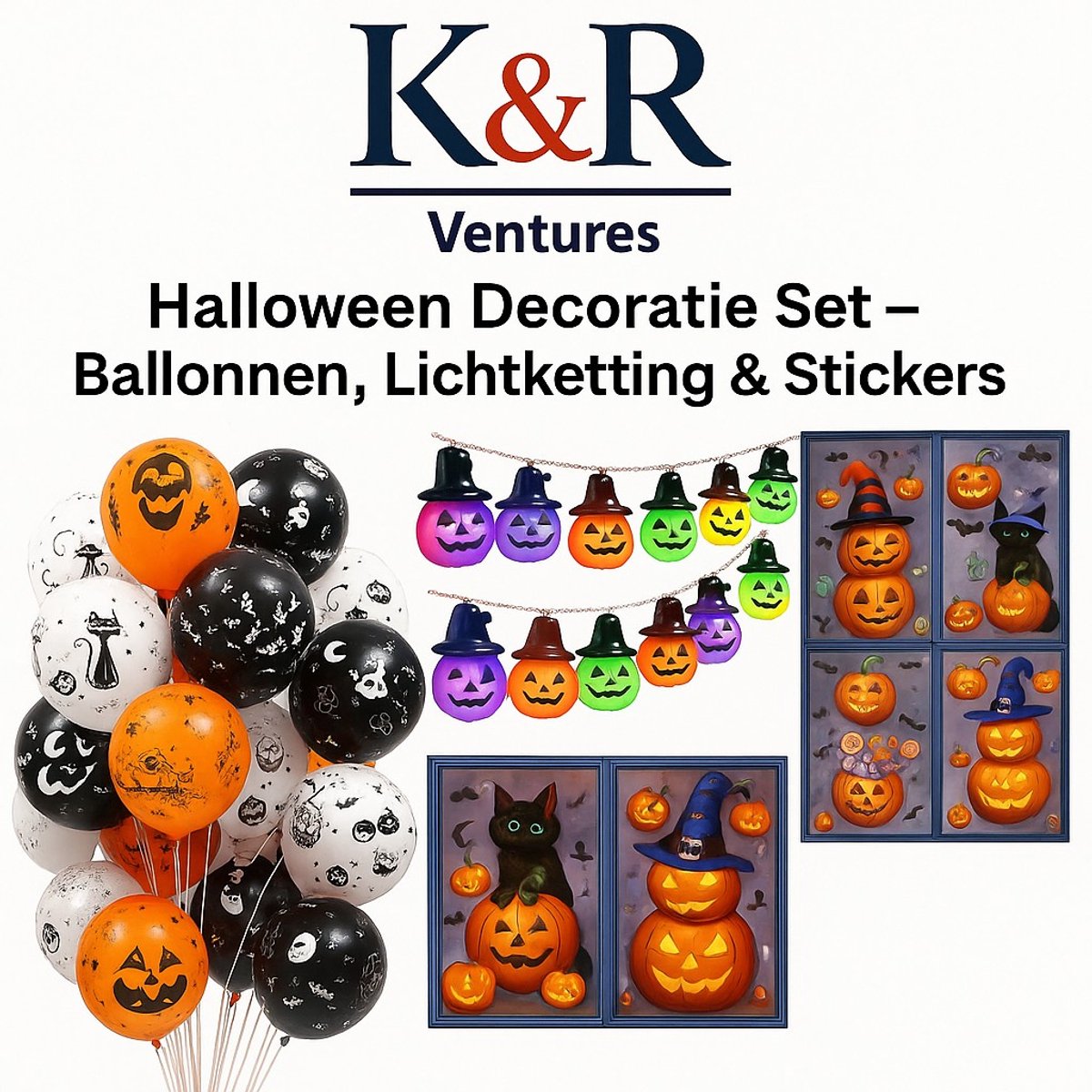K&R Ventures® Halloween Decoratie Set – Complete Halloween Versiering – Ballonnen, Raamstickers & Pompoen Lichtslinger – Griezelige Feestdecoratie voor Binnen & Buiten – Herbruikbare Set – Batterijen Niet Inbegrepen