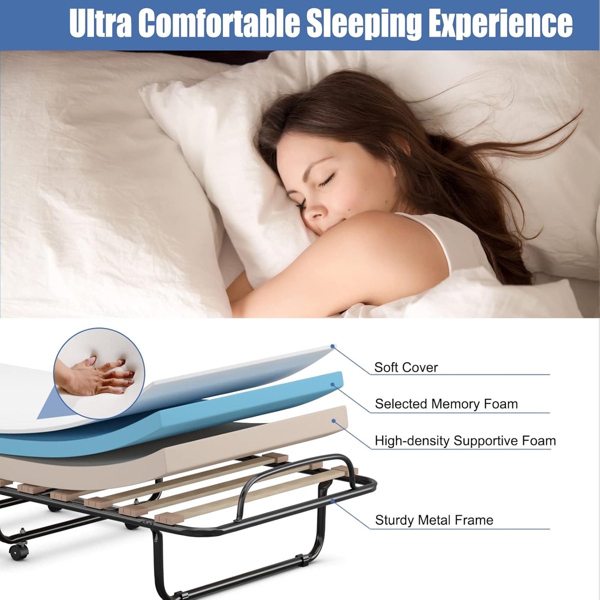 Opklapbed 90 x 200 cm Volwassenbed met matras, Logeerbed, Reisbed, Opklapbed met 4 wielen, Eenpersoonsbed met lattenbodem, Metalen frame, Maximale belasting 120 kg