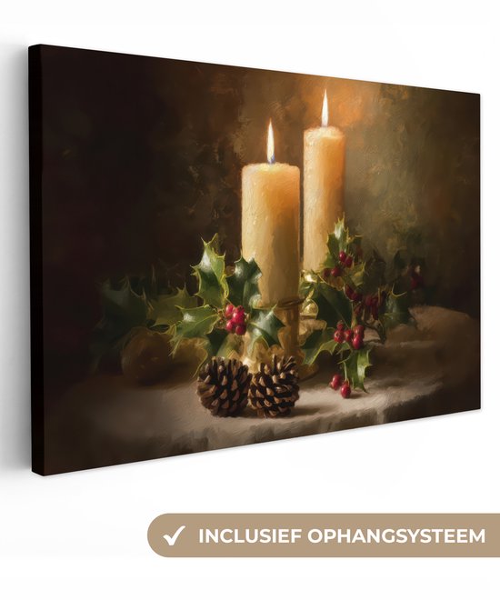 Canvas schilderij 120x80 cm - Exclusieve wanddecoratie Kaarslicht - Kerst - Veelkleurig - Muurdecoratie woonkamer - Kamer decoratie - Schilderijen op canvas - Kerstdecoratie voor binnen - Kerstversiering - Kerstmis versiering