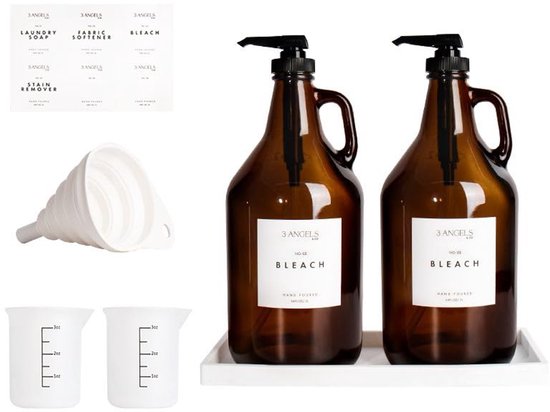 Vloeibare Wasmiddeldispenser Voor Wasruimte 2 Decoratieve Containers Van 64 Oz Met Waterbestendige Etiketten Plus Pompen En Schroefdoppen Inklapbare Trechter Extra Bamboe Lade 1549487510