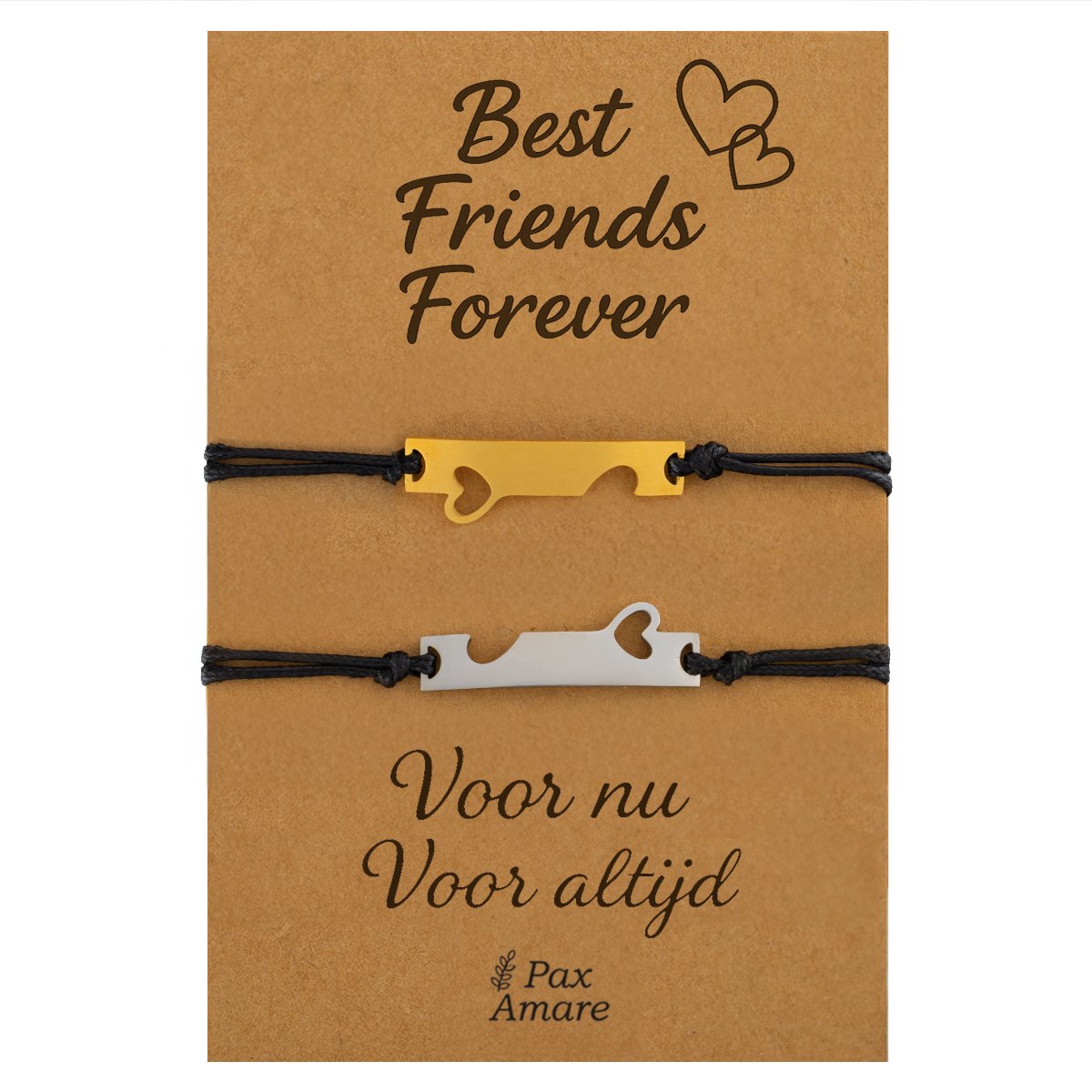 Vriendschapsarmbandjes voor 2 "Best Friends Forever" - Aansluitende Hartjes - BFF Armbandjes met Persoonlijk Cadeau Kaartje - Zilverkleurig & Goudkleurig - Elastisch Verstelbaar - Pax Amare