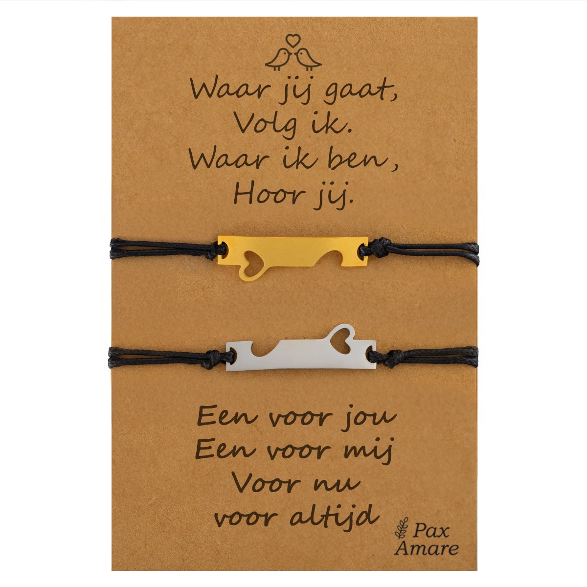 Vriendschapsarmbandjes voor 2 "Waar jij gaat, volg ik" - Passende Hartjes - BFF Armbandjes met Persoonlijk Cadeau Kaartje - Zilverkleurig & Goudkleurig - Elastisch Verstelbaar - Pax Amare
