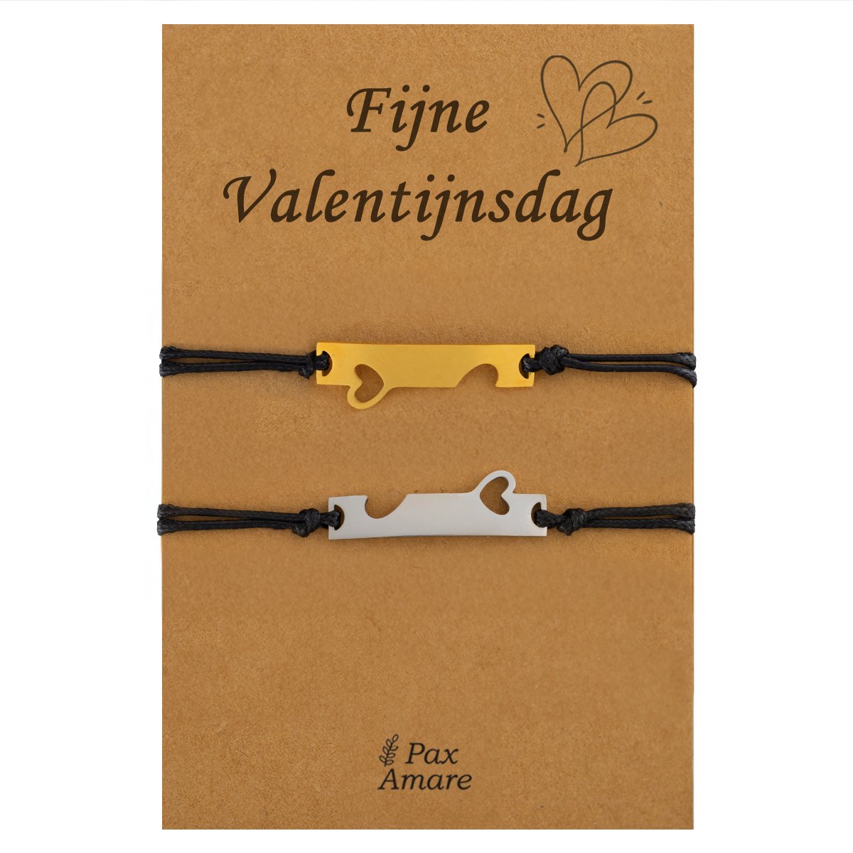 Koppel Armbandjes voor 2 "Fijne Valentijnsdag" - Aangesloten Hartjes - Vriendschapsarmbandjes met Persoonlijk Cadeau Kaartje - Goudkleurig & Zilverkleurig - Elastisch Verstelbaar - Pax Amare