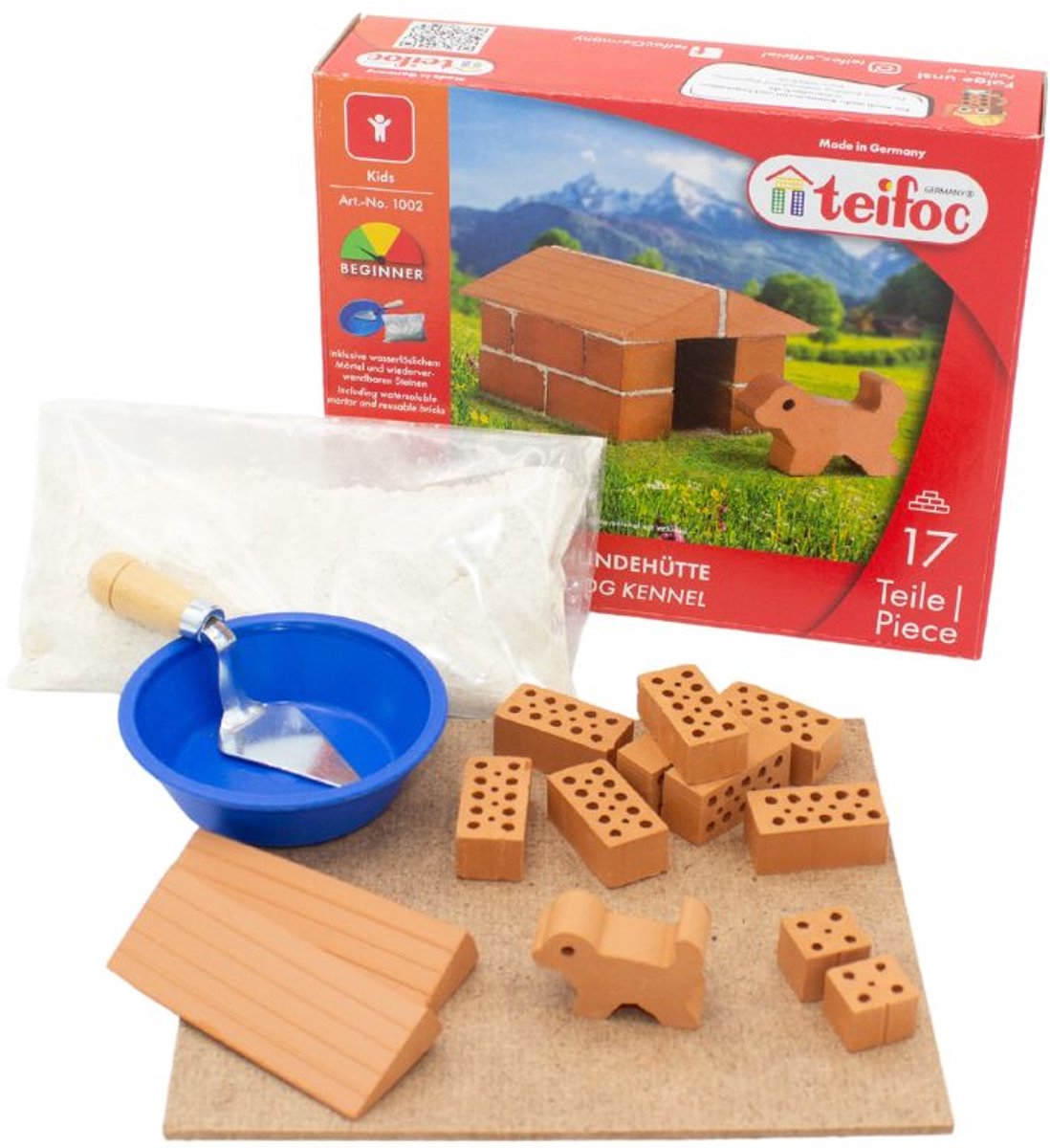 Teifoc® Bouwdoos – Hondenhok Bouwset – 17 onderdelen – Echte mini Bakstenen met Cement, Kom en Troffel – Bouwpakket voor kinderen vanaf 6 jaar