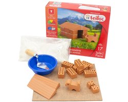 Teifoc® Bouwdoos – Hondenhok Bouwset – 17 onderdelen – Echte mini Bakstenen met Cement, Kom en Troffel – Bouwpakket voor kinderen vanaf 6 jaar