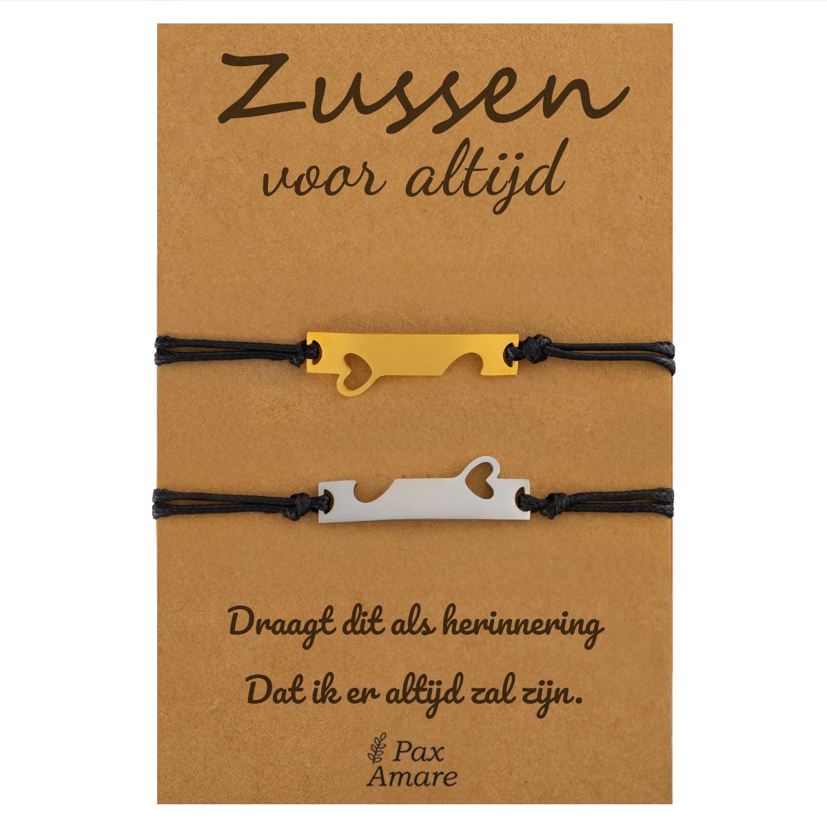 Vriendschapsarmbandjes voor 2 "Zussen voor altijd" - Passende Hartjes - Sisters Armbandjes met Cadeau Kaartje - Goudkleurig & Zilverkleurig - Elastisch Verstelbaar - Pax Amare