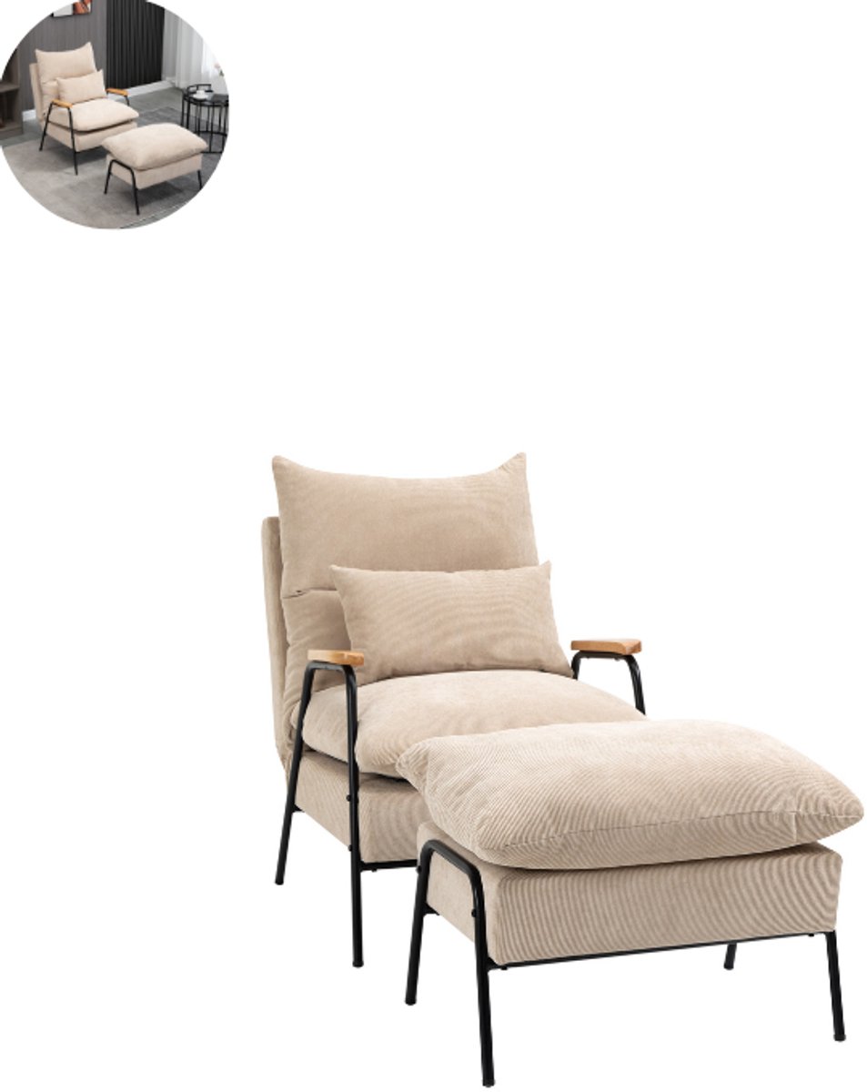 GranMaison Fauteuil - Relaxzetel - Relaxstoel - Relaxfauteuil - Stoel - Met armleuning - Met voetenbank - Voor één Persoon - Beige