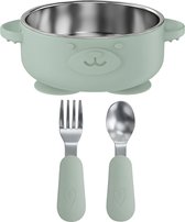 Broemba RVS Baby Bord met zuignap + Baby Bestek - 100% BPA-vrij Kinderservies - Kommetje met Lepel en Vork - Groen Baby Servies