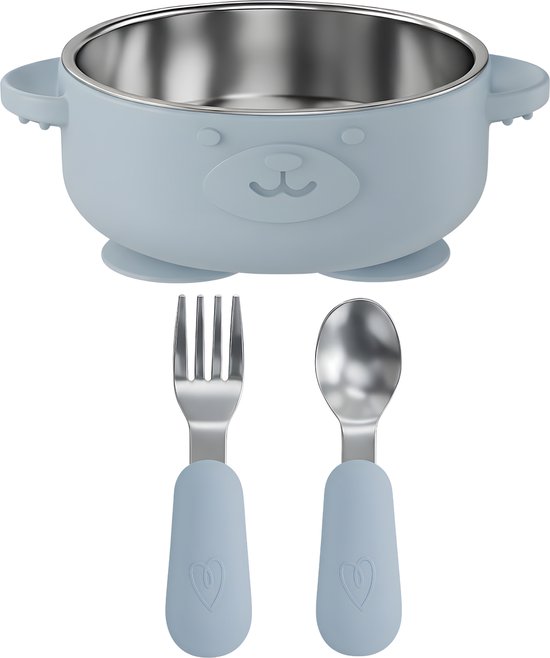 Assiette Bébé en acier inoxydable avec ventouse et Couverts Bébé - Vaisselle pour enfants 100 % sans BPA - Bol avec cuillère et fourchette - Services de table Bébé Blauw - Broemba®