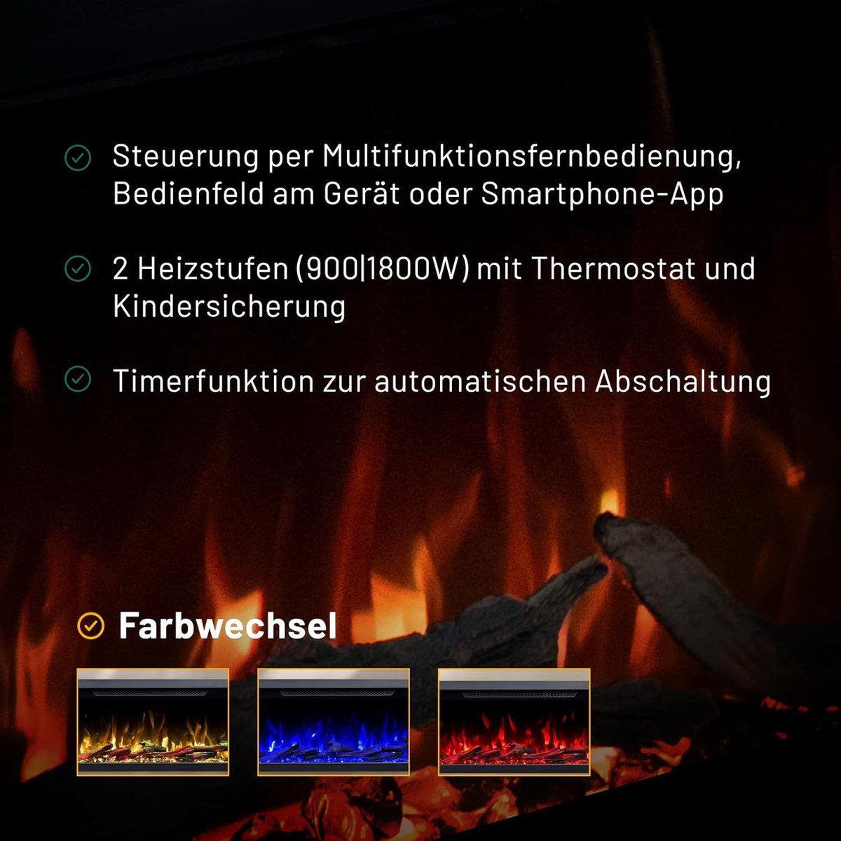 Elektrische open haard Ganeey Cobalt Luxe 3D LED Vuur met Verwarming – Moderne Staande Haard met Realistisch Vlameffect, App-Bediening, Timer, Knettereffect en Thermostaat – 1800W – Zwart – 137x75x29 cm