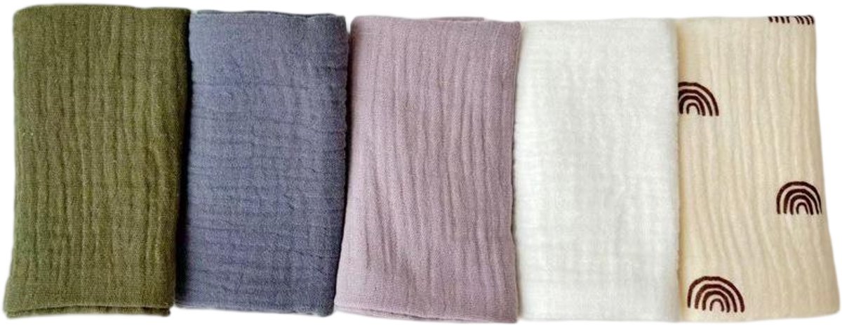 Image of 5-pack baby mousseline gezichtshanddoeken - pasgeboren handdoekset - 25 x 25 cm gezichts- en badhanddoeken - herbruikbare baby gezichtshanddoeken - 100% katoen - zacht en ademend - stijl H