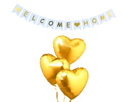 Ballonnen en slinger set Welcome Home wit met goud - slinger - ballon - welkom thuis - welcome home - decoratie