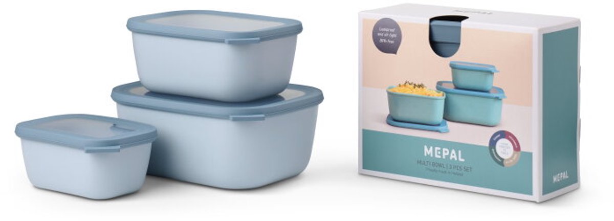 Mepal - Multikom Cirqula rechthoekig 3-delige set (750+1500+3000) - Mag in de vriezer magnetron en vaatwasser – Nordic blue – Meal prep bakjes - Bewaardozen met deksel