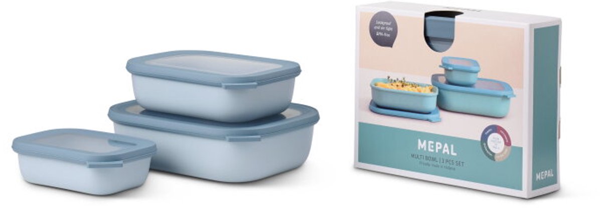 Mepal - Multikom Cirqula rechthoekig 3-delige set (500+1000+2000) - Mag in de vriezer magnetron en vaatwasser – Nordic blue – Meal prep bakjes - Bewaardozen met deksel