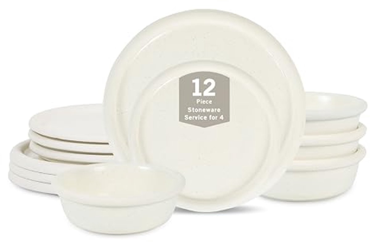 12-delige Aardewerk Servies Set voor 4 Personen - Wit