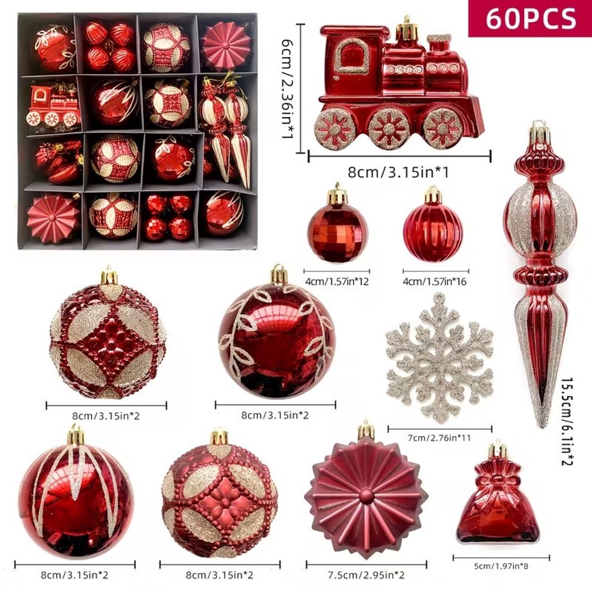K&R Ventures® Luxe Kerstballen Set – 60 Stuks – Bordeaux Rood – Kerstboom Decoratie – Glanzende & Matte Ornamenten in Doos – Breukbestendige Plastic Kerstversiering – Voor Kerstboom & Nieuwjaar