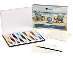 Mikkelhus Professionele Aquarelverf Set - Verfset met 72 diverse kleuren aquarelverf, 20 blanco ansichtkaarten en kwast