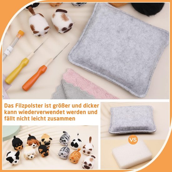 Naaldvilt set met gereedschap, wol en vilten dieren. Kussens van vilt en een schuimblok.