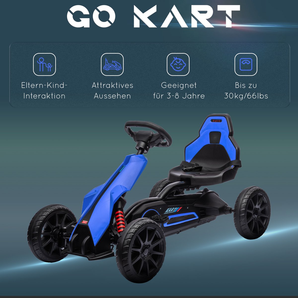 HOMCOM Pedal Go Kart Metall, Kunststoff 100L x 58B x 58,5H cm Blau — afbeelding 8