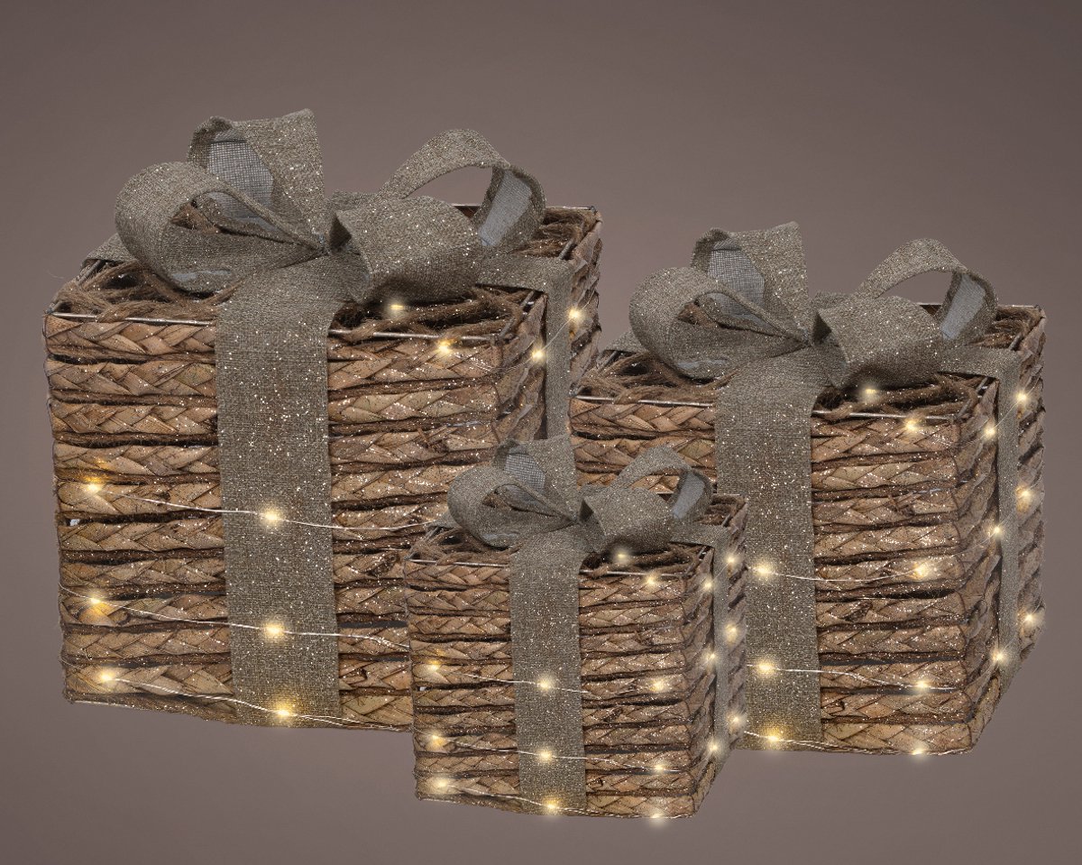 Cadeauset met jute en LED-verlichting – 3 stuks met timer, 30 cm hoog