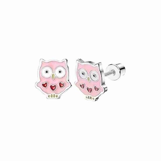 WeLoveSilver - Boucles d'oreilles puces enfant - argent - hibou rose - coeurs