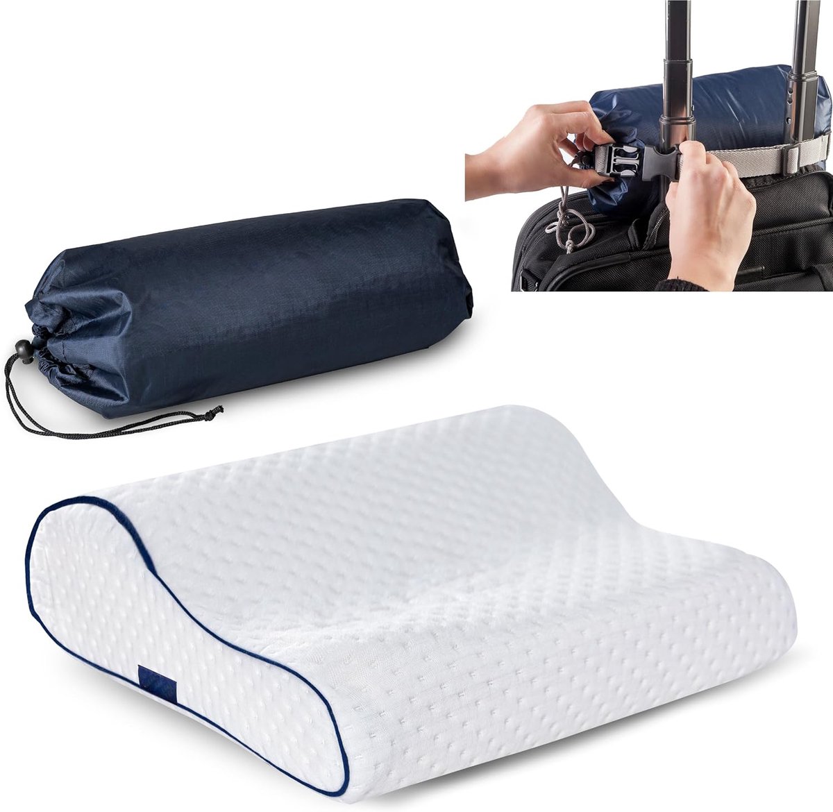 Reiskussen Ergonomische Neksteun Camping Memory Foam Kussen met Temperatuurregulerende Kussensloop - Inclusief Waterdichte Reisdraagtas - Zelfopblaasbaar Reis Kussen voor Vliegtuig, Auto, Trein