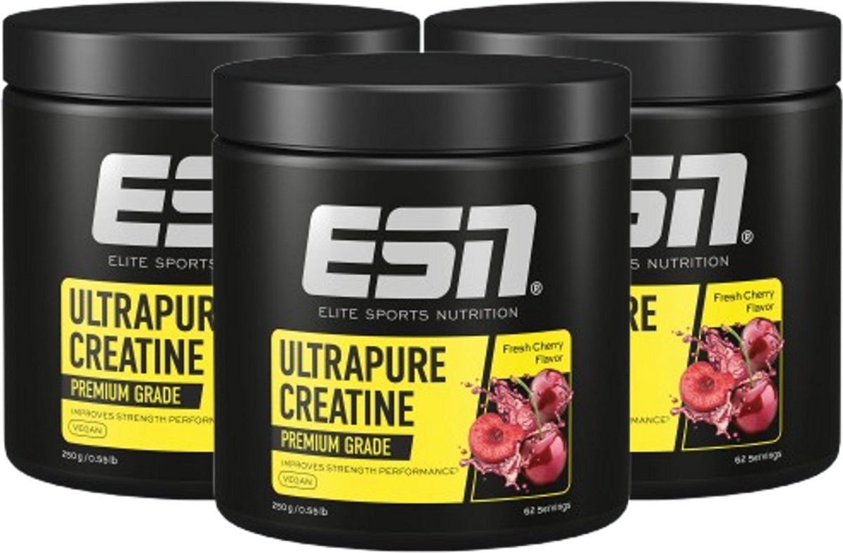 ESN Ultrapure Creatine Poeder, Fresh Cherry, 3 x 250 g Voordeelverpakking - Puur Creatine Monohydraat, Premium Kwaliteit, Veganistisch