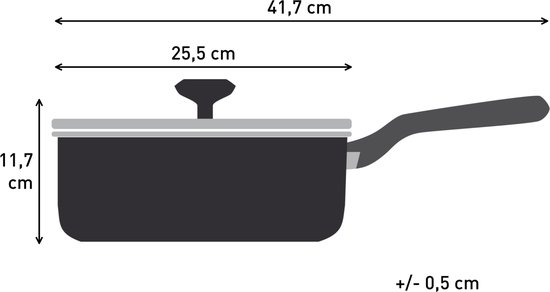 Afmetingen van een zwarte hapjespan met deksel: lengte 41,7 cm, diameter 25,5 cm, hoogte 11,7 cm.