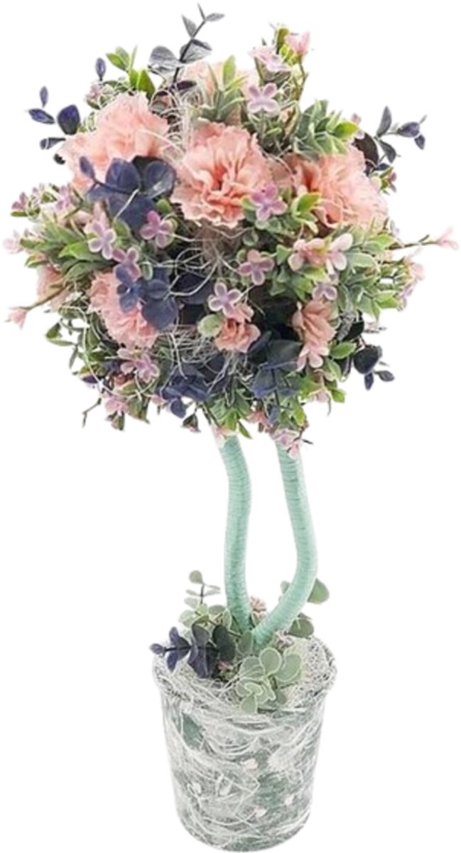 Luxe Zijden Boeket op Stam - 45cm - Kunstbloemen Pastel Roze & Perzik - Decoratieve Bolvormige Topiary in Pot - Kunstplant voor Binnen & Kantoor