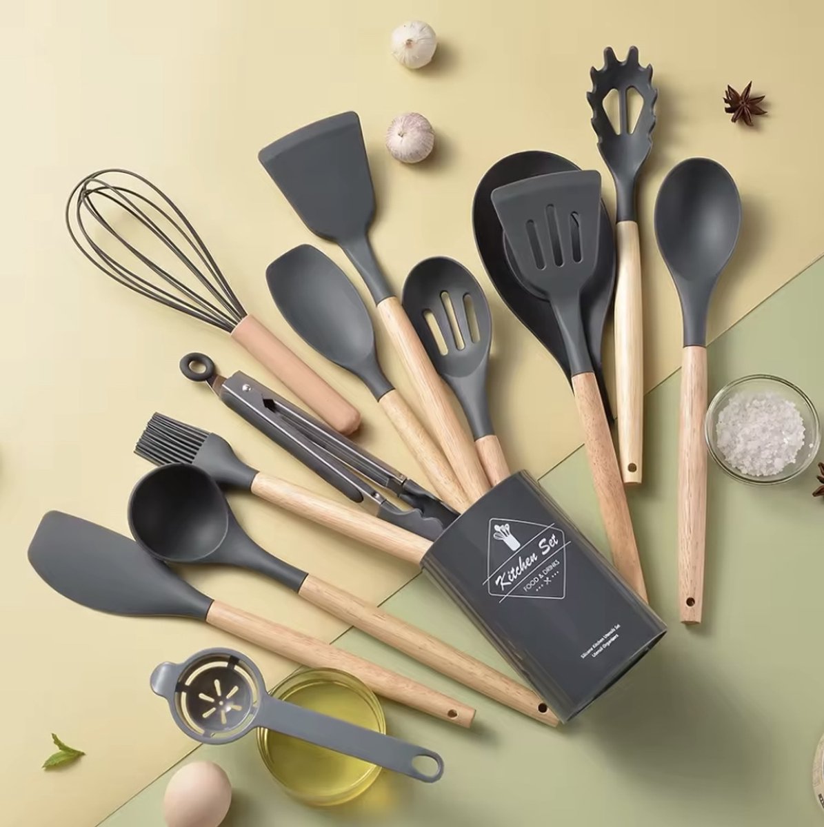Siliconen keukengerei Set met Houder - Kookgerei Set 13-delig - Opbergkoker - BPA en plastic vrij - Dark Grey